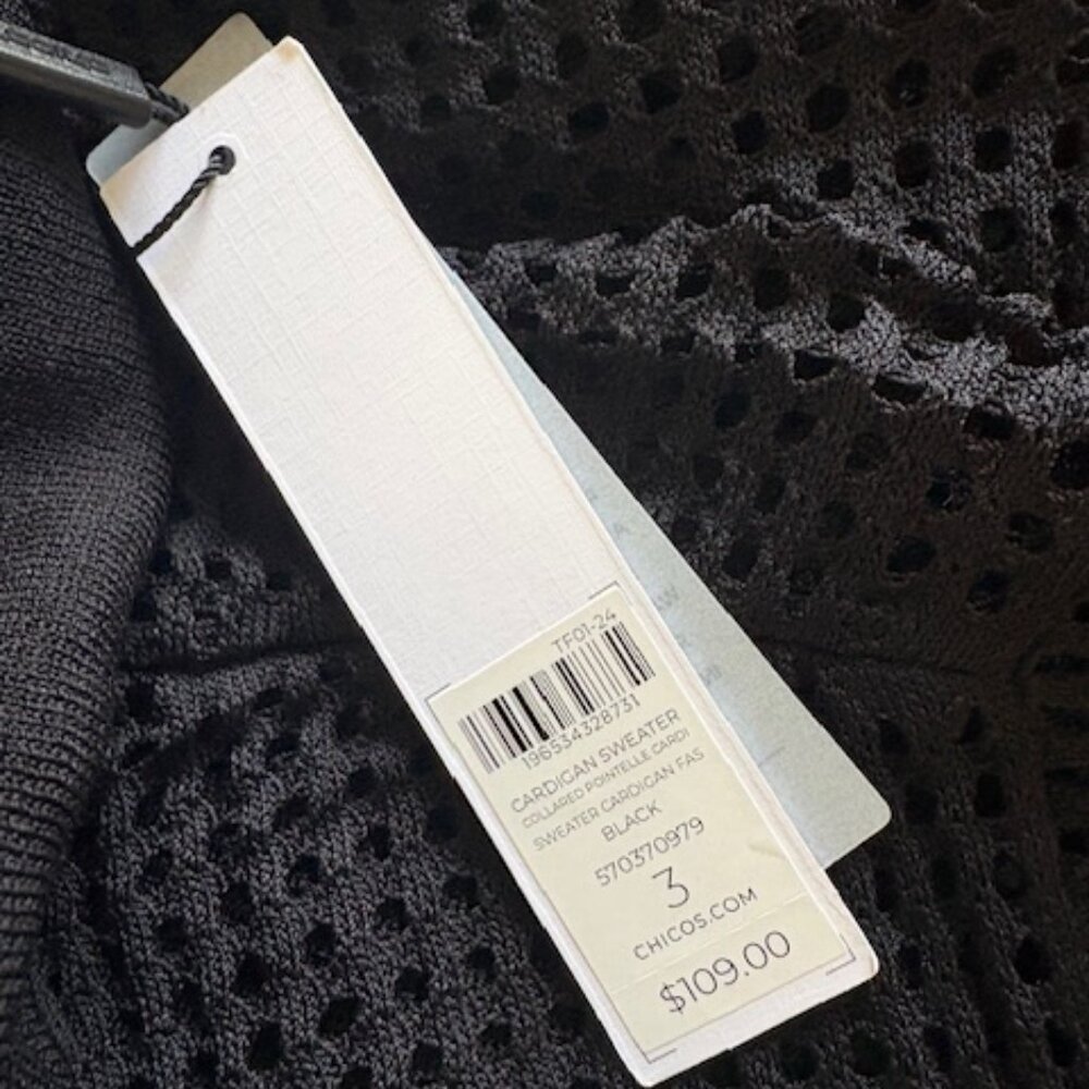 NWT Chico's Pointelle Collared Cardigan in Black - Picture 4 of 11